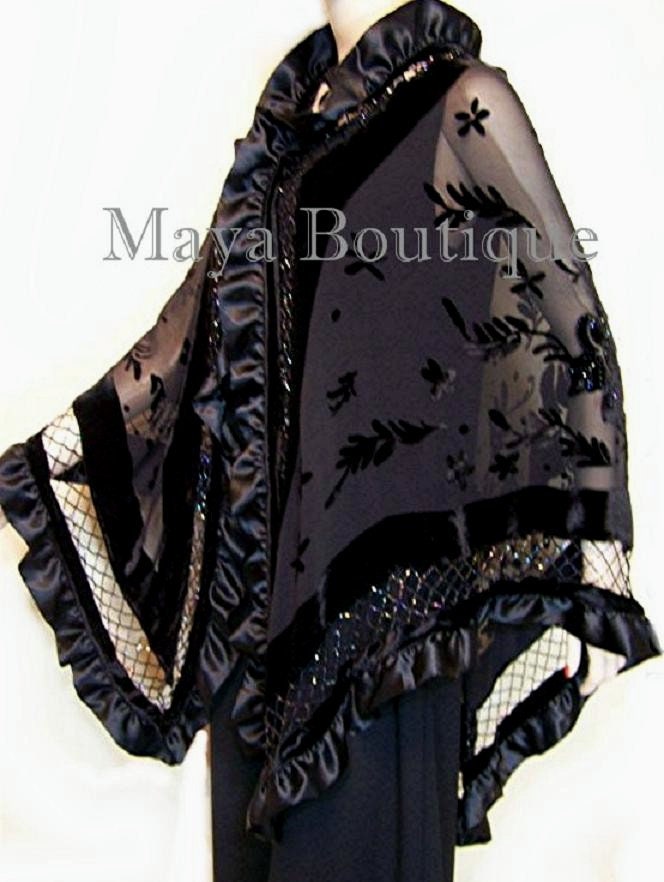 Schwarzer Schal Wickelschal Seide Perlen Burnout Samt Dreieck Rüschen Maya Matazaro von BoutiqueMaya