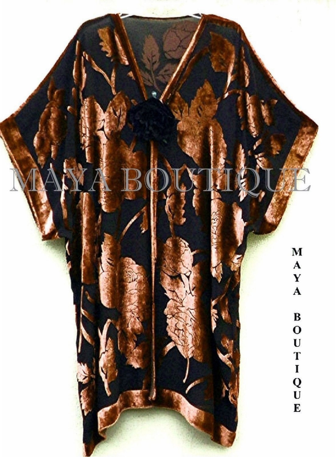 Seide Ausbrenner Samt Jacke Kimono Duster Kupfer Braun & Schwarz Keine Fransen Maya Matazaro von BoutiqueMaya