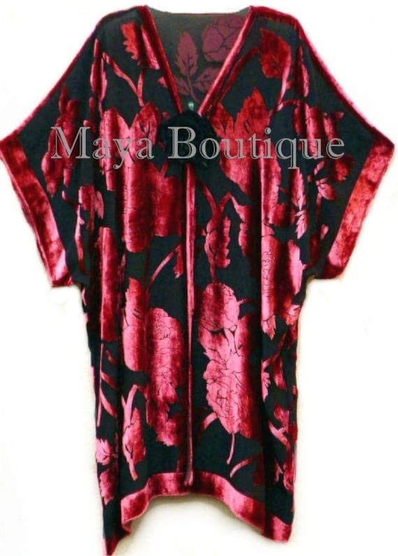 Seide Ausbrenner Samt Jacke Kimono Duster Rot & Schwarz Kein Fransen Maya Matazaro von BoutiqueMaya