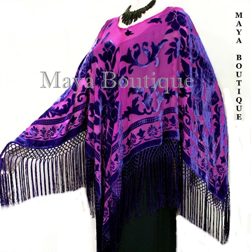 Seide Ausbrenner Samt Poncho Kimono Top Schal Magenta & Lila Maya Matazaro von BoutiqueMaya