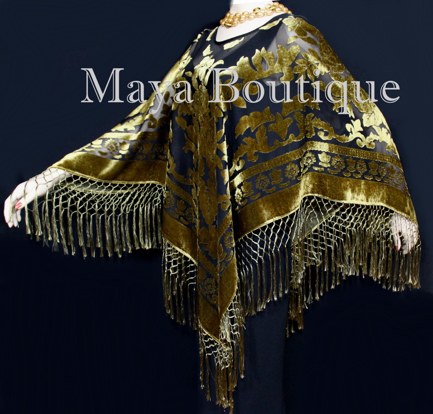 Seide Burnout Samt Poncho Schal Top Mit Fransen Antik Gold Schwarz Maya Matazaro von BoutiqueMaya