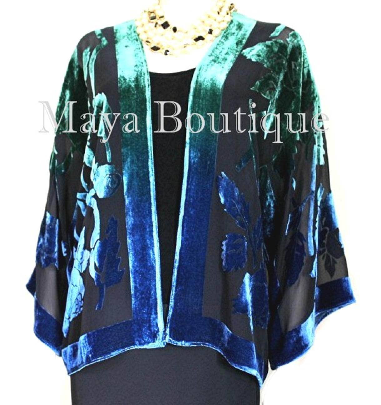 Seidensamt Jacke Kurz Kimono No Fransen Handgefärbt Grün Blau Maya Matazaro von BoutiqueMaya