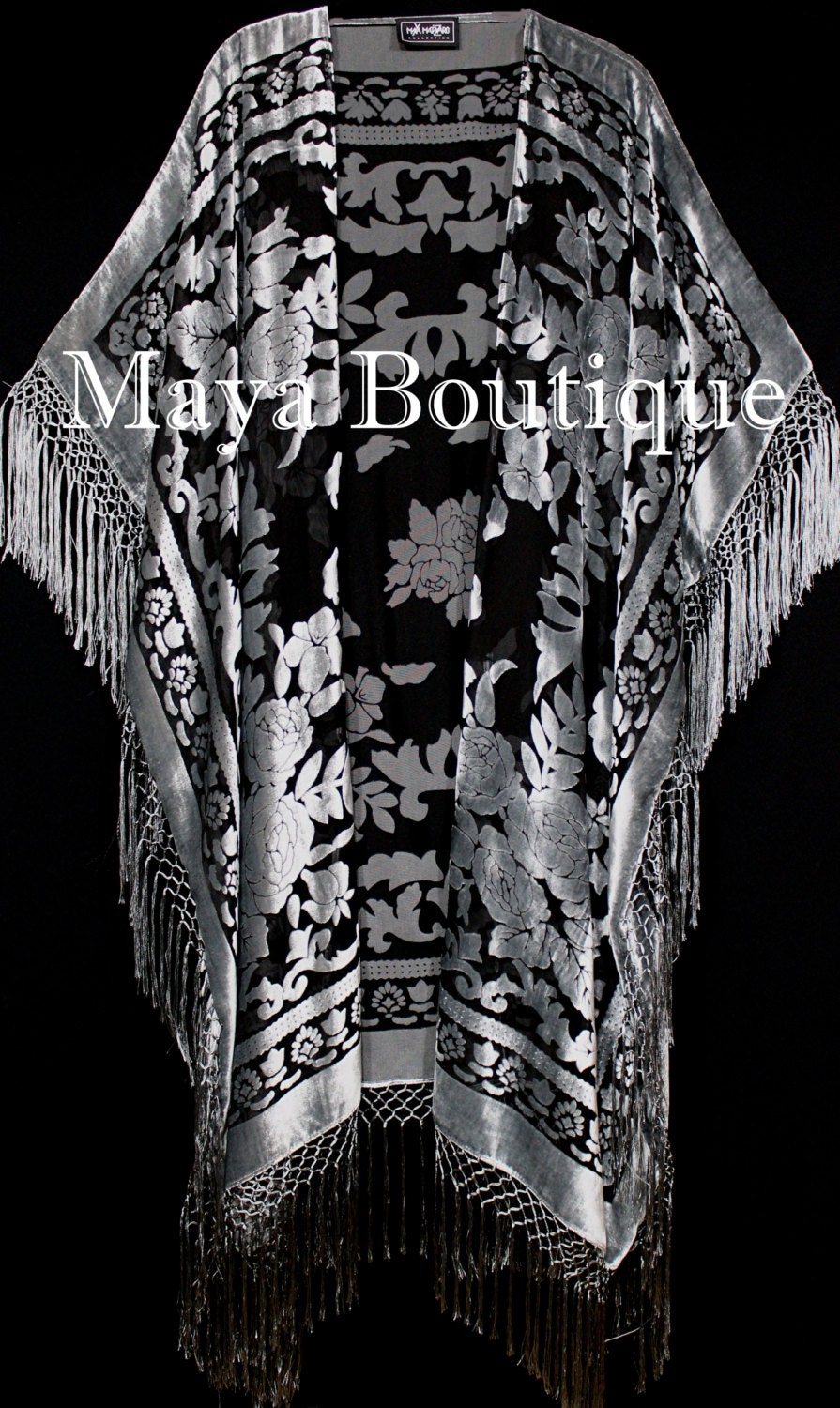 Silber Grau Kaftan Duster Fransenjacke Kimono Burnout Samt Maya Matazaro von BoutiqueMaya