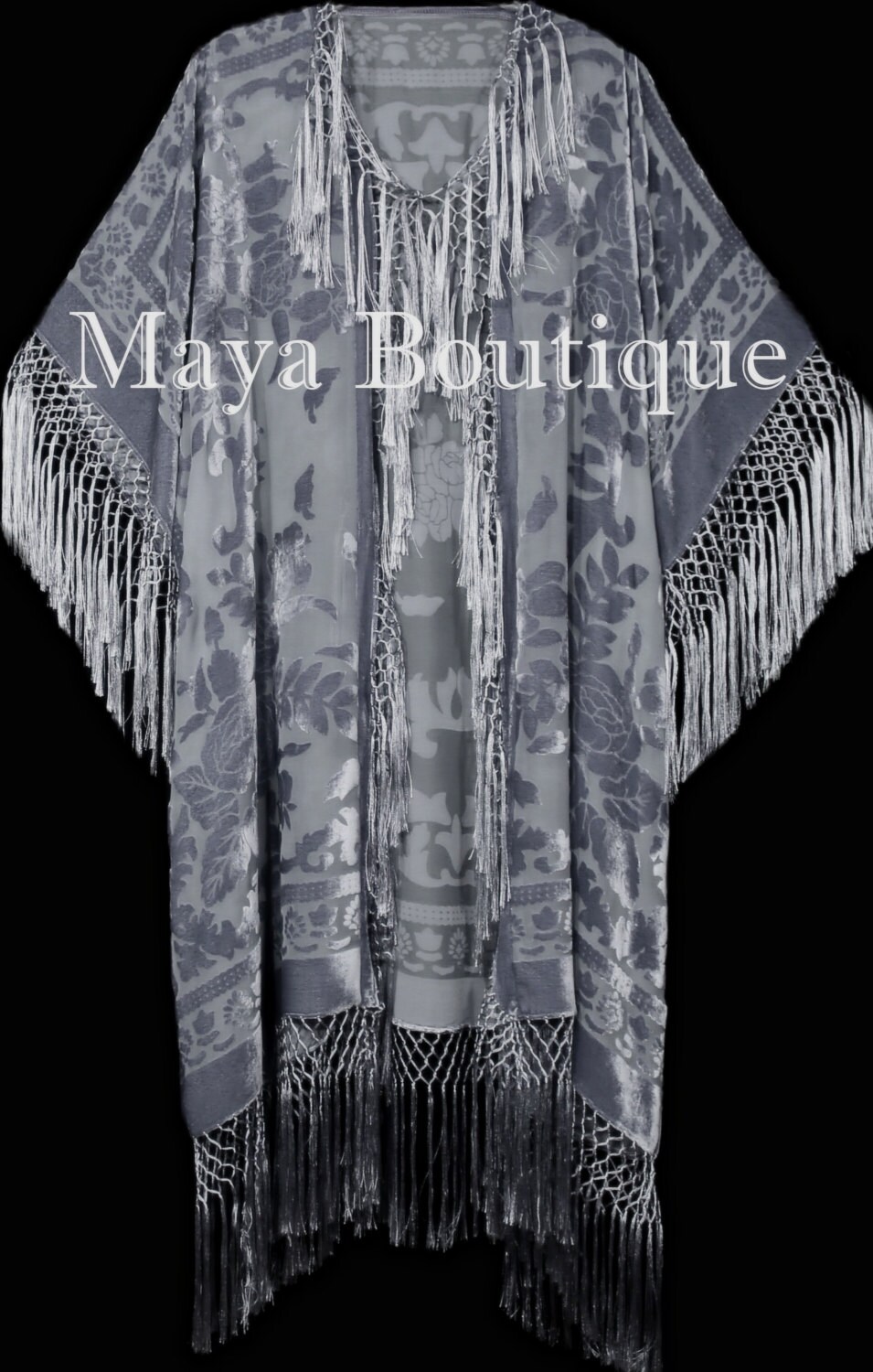 Silber Graue Fransenjacke Kimono Duster Seide Burnout Samt Maya Matazaro Plus von BoutiqueMaya