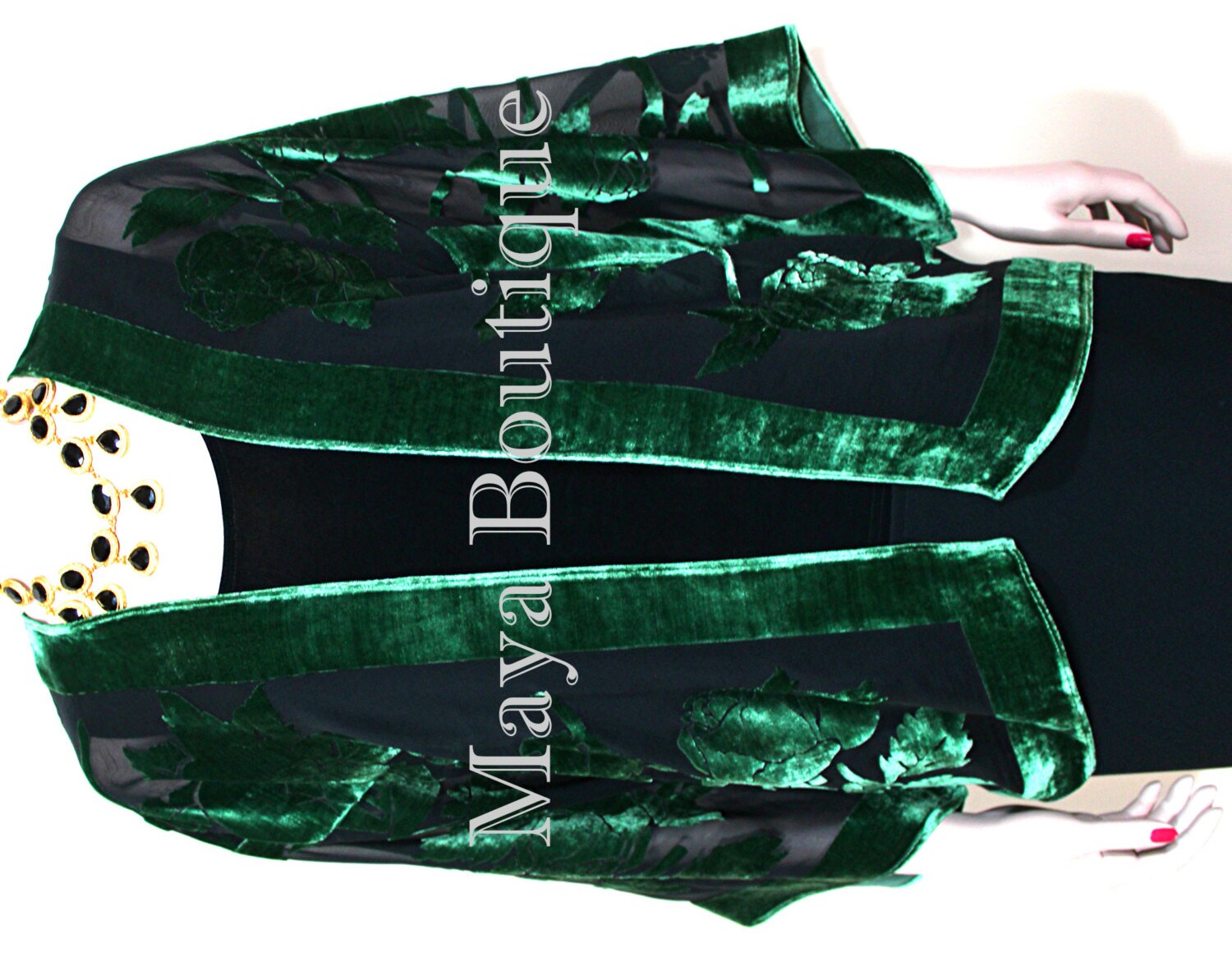 Smaragd & Schwarze Seide Burnout Samt Jacke Kurz Kimono Style No Fringe Maya Matazaro von BoutiqueMaya