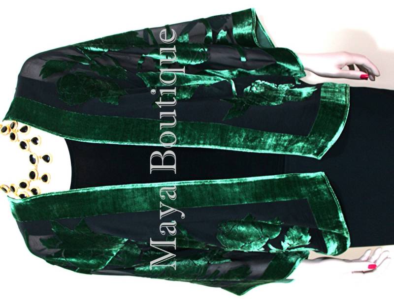 Smaragd & Schwarze Seide Burnout Samt Jacke Kurz Kimono Style No Fringe Maya Matazaro von BoutiqueMaya