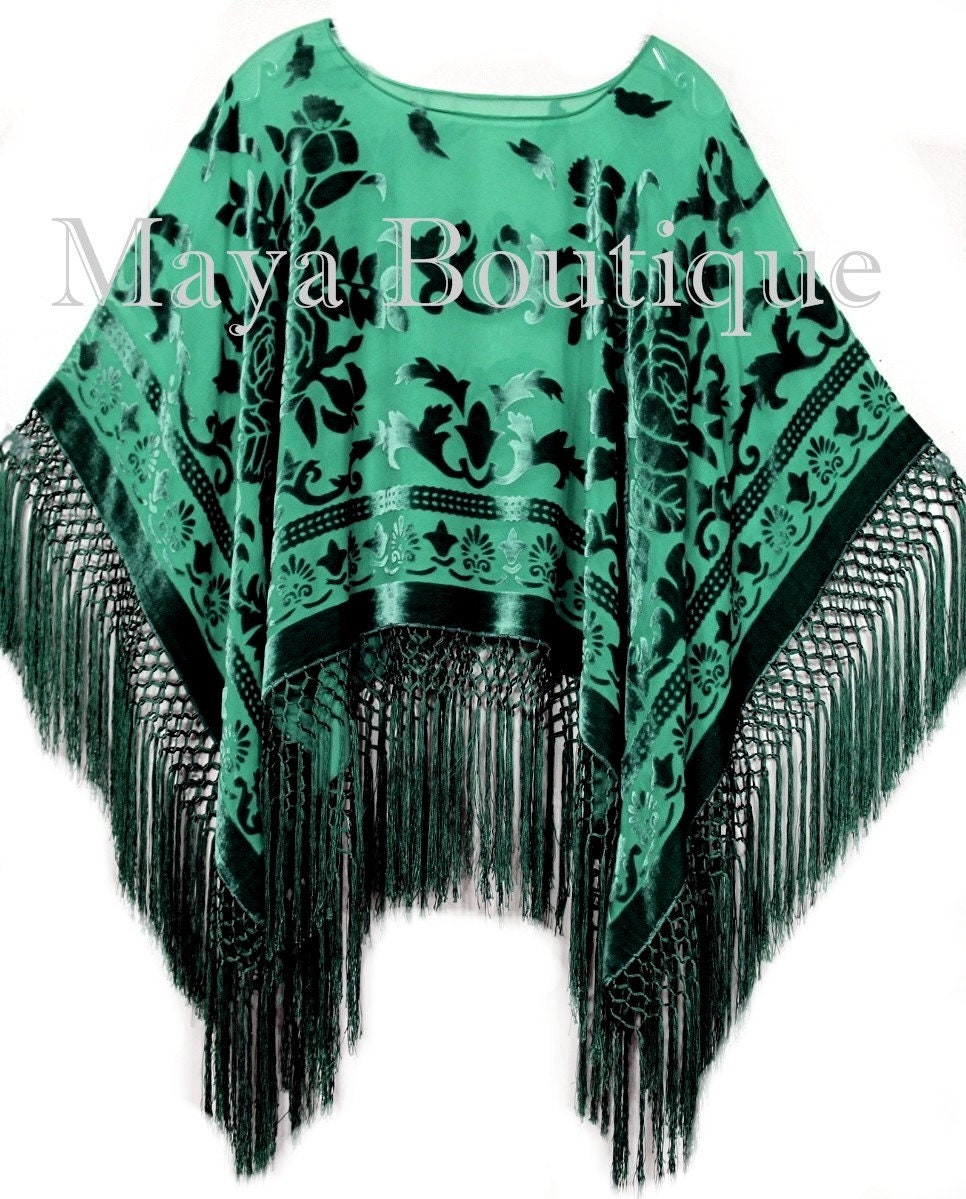 Smaragdgrüne Seide Burnout Samt Poncho Fransentuch Maya Matazaro Made in Usa von BoutiqueMaya