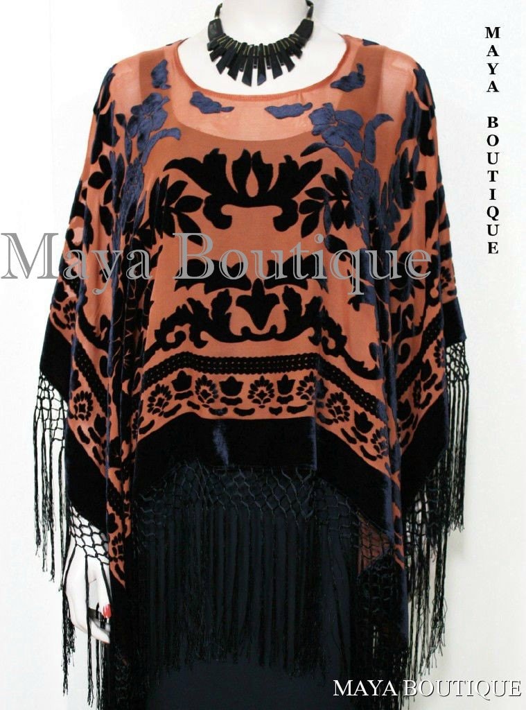 Tangerine & Schwarze Seide Burnout Samt Poncho Kimono Top Schal Maya Matazaro von BoutiqueMaya