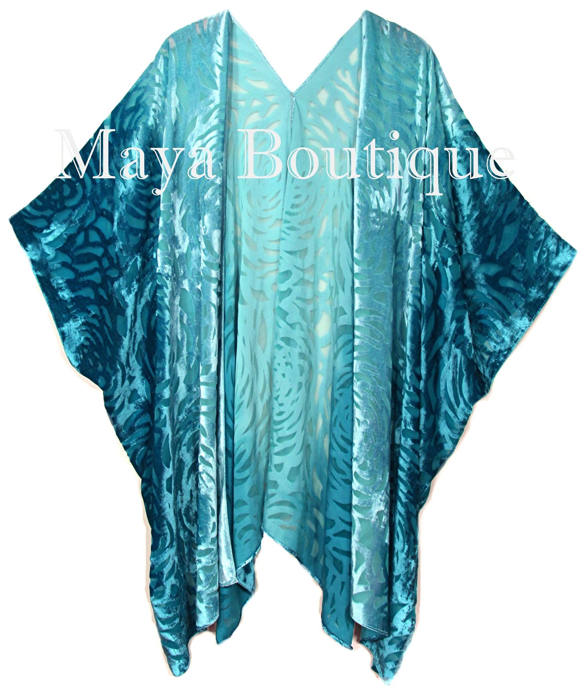 Teal Ombre Camellia Burnout Samt Kaftan Kimono Hand Dye Maya Matazaro von BoutiqueMaya