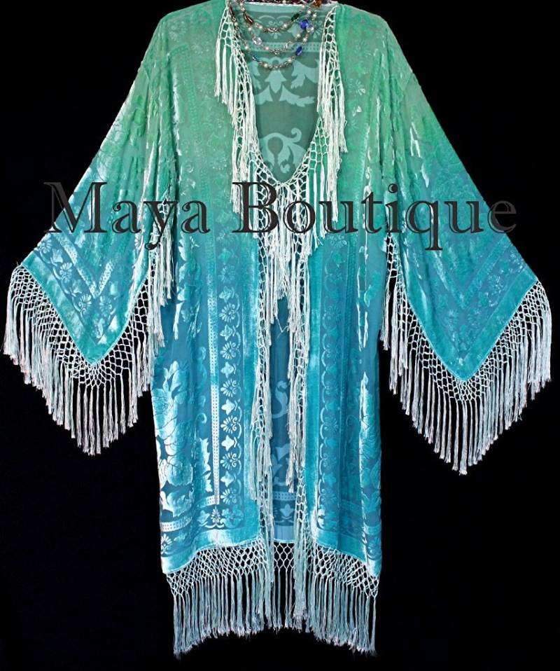 Tragbare Art Jade Türkis Burnout Samt Kimono Jacke Handgefärbt Maya Matazaro Made in Usa Tragbare Art Jade Türkis Burnout Samt Kimono Jacke Handgefärbt Maya Matazaro Made in Usa von BoutiqueMaya