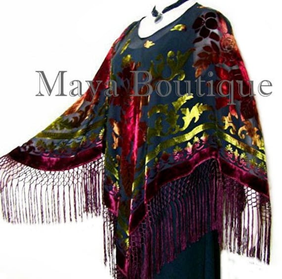 Tye Dye Burgundy Multi Seide Burnout Samt Poncho Schal Fransen Top Maya Matazaro One Size von BoutiqueMaya