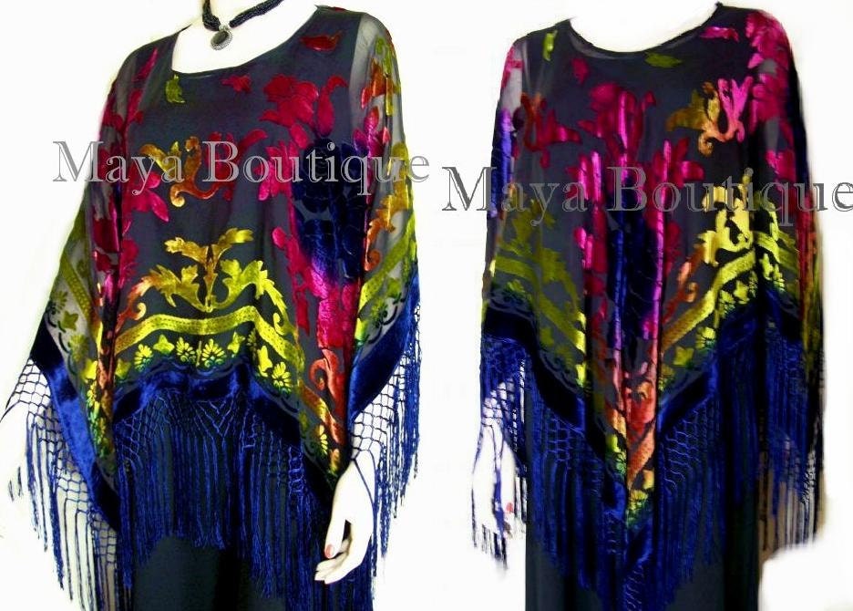 Tye Dye Pink Blau Multi Seide Burnout Samt Poncho Schal Fransen Top Maya Matazaro One Size von BoutiqueMaya