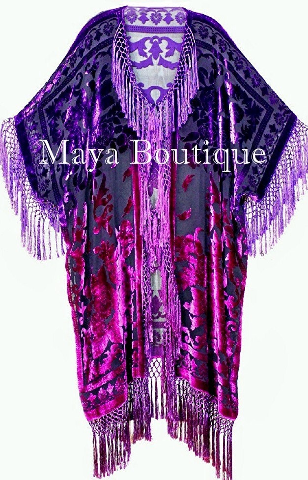 Violette Fuchsia Kimono Kaftan Fransenjacke Seide Burnout Samt Handgefärbt Maya Matazaro von BoutiqueMaya