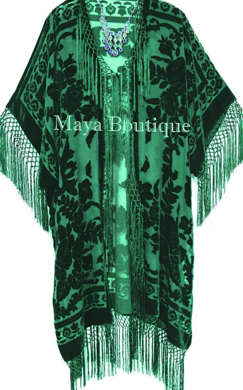 Waldgrüne Seide Ausbrenner Samt Fransenjacke Kimono Duster Maya Matazaro Plus von BoutiqueMaya