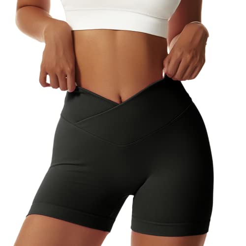 Bovldemt Kurze Sporthose Damen Gym Shorts Damen Crossover Booty Scrunch Shorts Push Up Yoga Shorts Workout Sportshorts V Cross(Black, L) von Bovldemt