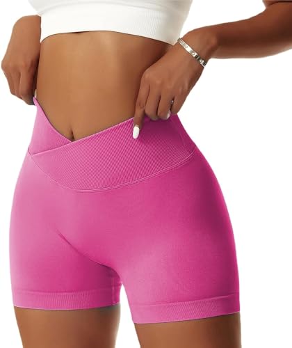 Bovldemt Kurze Sporthose Damen Gym Shorts Damen Crossover Booty Scrunch Shorts Push Up Yoga Shorts Workout Sportshorts V Cross(Pink, S) von Bovldemt