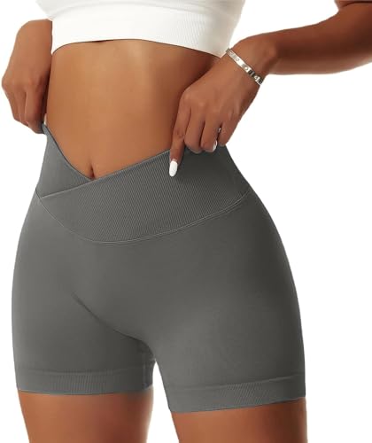 Bovldemt Kurze Sporthose Damen Gym Shorts Damen Crossover Booty Scrunch Shorts Push Up Yoga Shorts Workout Sportshorts V Cross(Grey, S) von Bovldemt