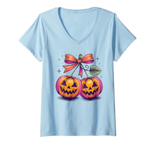 Damen Fliege Kirsche Kürbis Kokette Halloween Gruselkostüm T-Shirt mit V-Ausschnitt Damen Fliege Kirsche Kürbis Kokette Halloween Gruselkostüm T-Shirt mit V-Ausschnitt von Bow Tie Cherries Halloween Pumpkin Spooky Fun