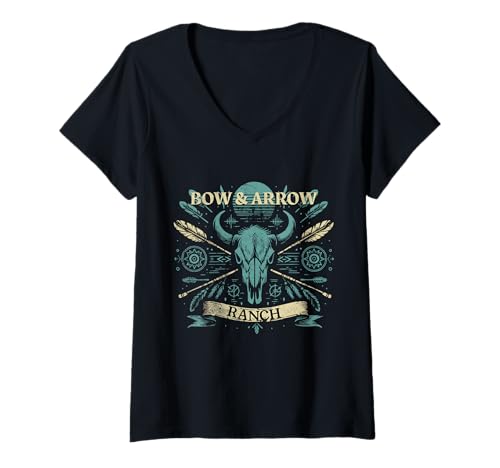 Damen Pfeil & Bogen Ranch Kuh Schädel Pfeile T-Shirt mit V-Ausschnitt Damen Pfeil & Bogen Ranch Kuh Schädel Pfeile T-Shirt mit V-Ausschnitt von Bow & Arrow Ranch Apparel