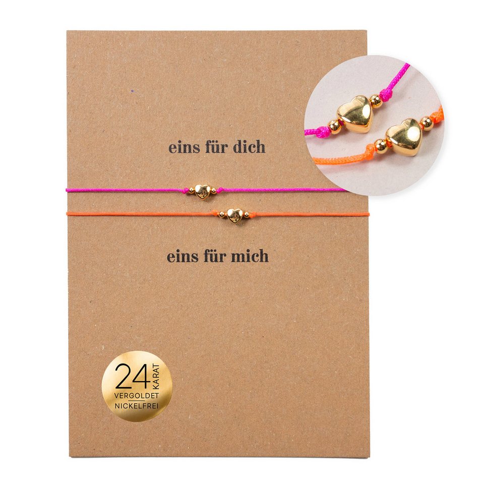 Bow & Hummingbird Armband Set Armband auf Karte - Herzen - eins für dich, eins für mich, 24 Karat vergoldeter Anhänger von Bow & Hummingbird
