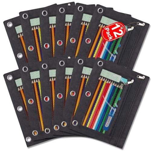 Federmäppchen für 3-Ringordner, 2-lagige Reißverschluss-Taschen mit Netzfenster, Oxford transparenter PVC-Stifthalter, Schreibwaren-Organizer, Tasche für Schule, Klassenzimmer, 12 Stück, Schwarz Federmäppchen für 3-Ringordner, 2-lagige Reißverschluss-Taschen mit Netzfenster, Oxford transparenter PVC-Stifthalter, Schreibwaren-Organizer, Tasche für Schule, Klassenzimmer, 12 Stück, Schwarz von BowLUQ