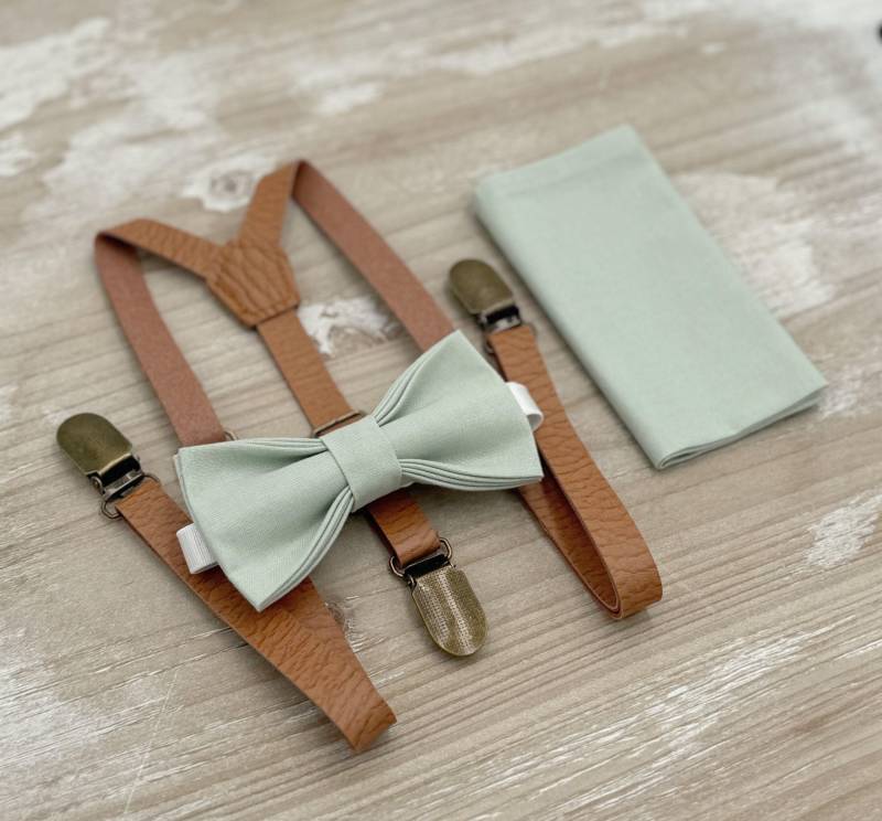 Dusty Sage Fliege & Dünne Leder Hosenträger Set - Ringträger Und Groomsman Outfit, Hochzeit Einstecktuch, Alle Größen Baby Bis Erwachsene von BowTieLoveINC