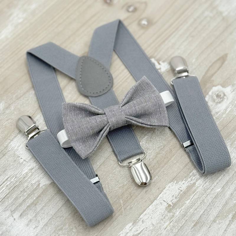 Graue Leinenschleife Und Hosenträger Set - Ringträger Trauzeuge Outfit, Rustikale Hochzeit, Alle Größen Baby Bis Erwachsene von BowTieLoveINC