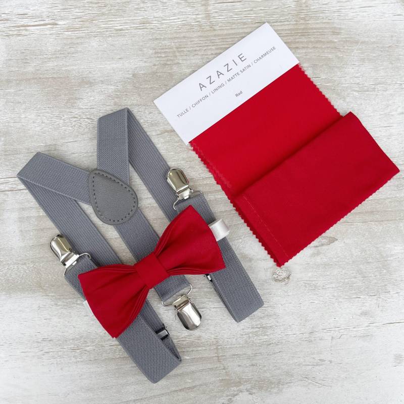 Rote Fliege Und Graue Hosenträger Set - Ringträger Groomsman Outfit, Rustikale Hochzeit, Einstecktuch, Alle Größen Baby Bis Erwachsene von BowTieLoveINC