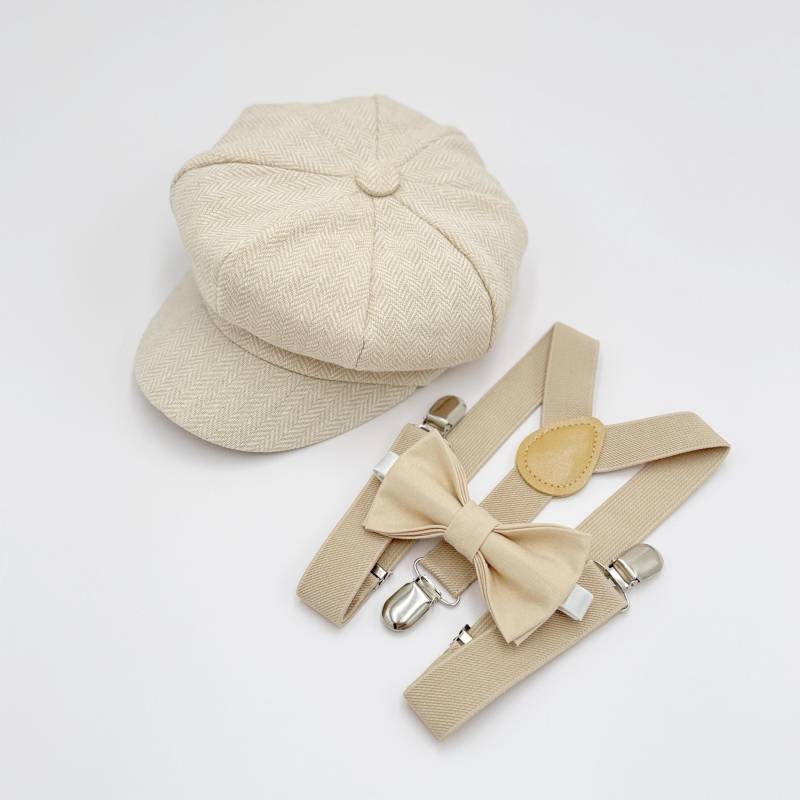 Schiebermütze Outfit Für Babys Bis 10 Jahre - Ringträger-Set Mit Champagnerfarbener Fliege & Hosenträgern, Pagenjunge Hochzeit, Gatsby von BowTieLoveINC