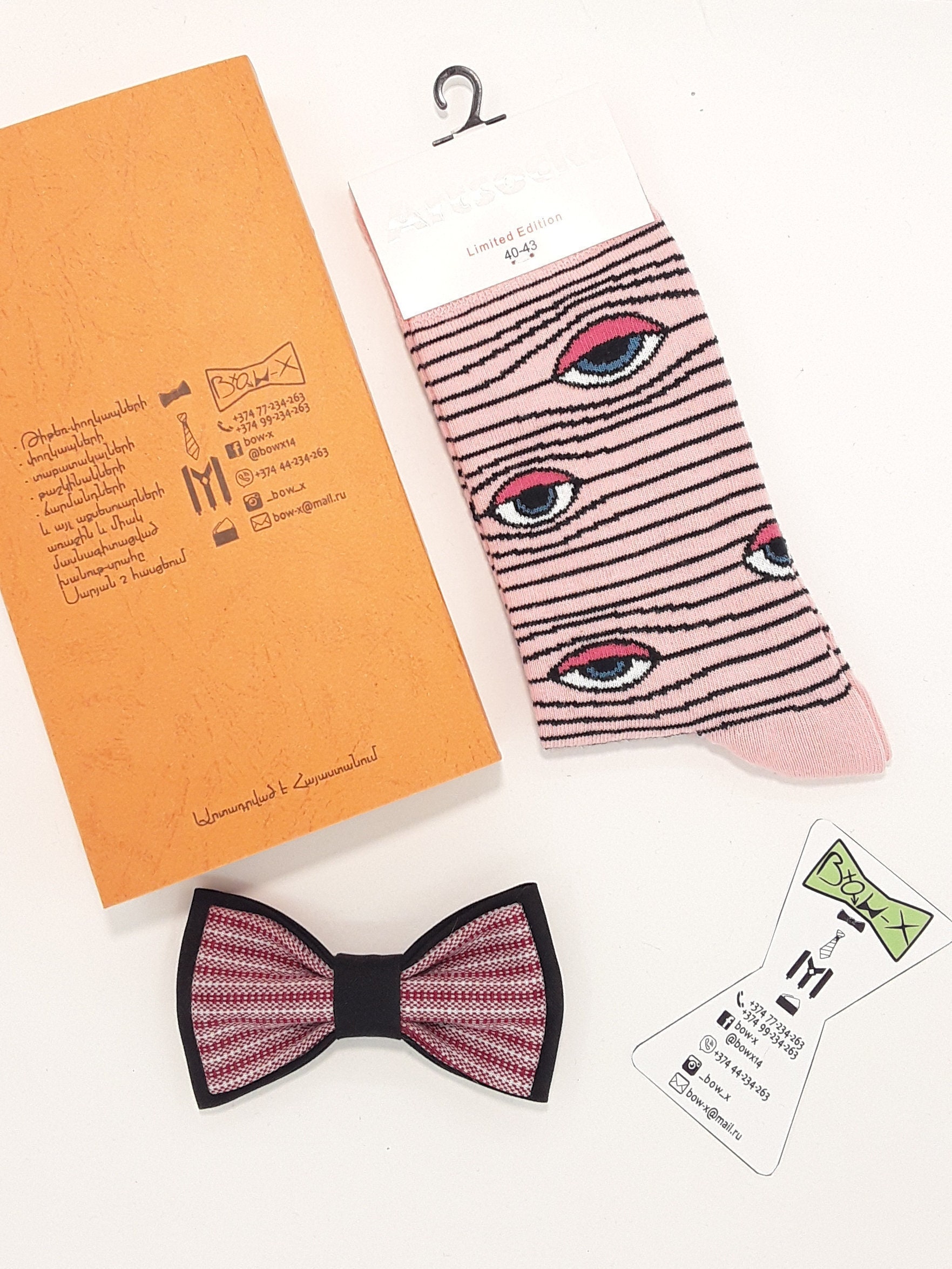 Passende Socken Und Fliege, Männer Socken, Frauen Bunte Rosa Gemusterte Augen Muster Hergestellt in Armenien von BowX