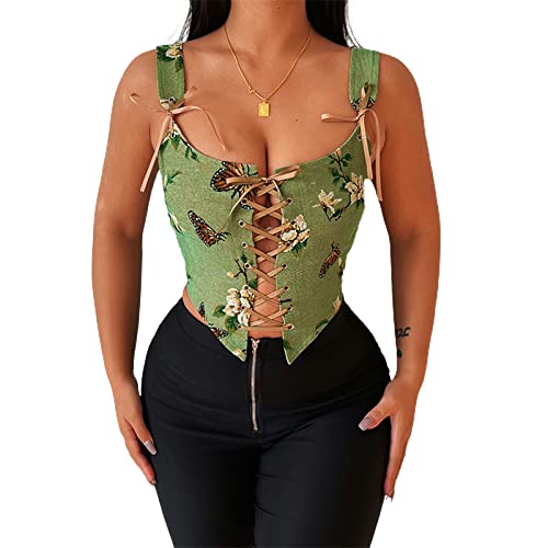 Bowanadacles Frauen Vintage Floral Camisole Blumenstickerei Muster Enge Weste Kordelzug Tie-up Tank Top Straps-Korsett, Grün , Groß von Bowanadacles