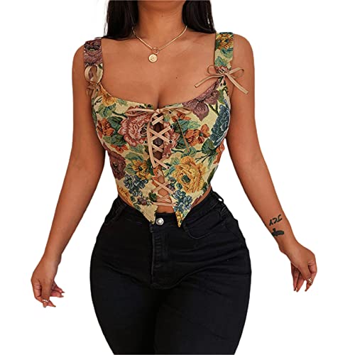 Bowanadacles Frauen Vintage Floral Camisole Blumenstickerei Muster Enge Weste Kordelzug Tie-up Tank Top Straps-Korsett, Khaki, Klein von Bowanadacles