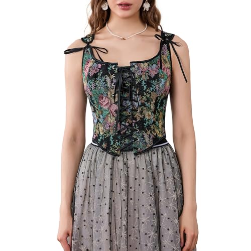 Bowanadacles Frauen Vintage Floral Camisole Blumenstickerei Muster Enge Weste Kordelzug Tie-up Tank Top Straps-Korsett, Schwarz, floral, Mittel von Bowanadacles