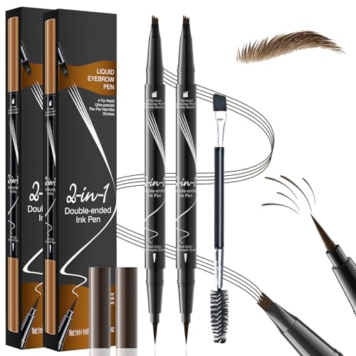 2 Stück Augenbrauenstift,Microblading Augenbrauenstift,4 Gabelspitze 2-in-1Eyebrow Pencil,Augenbrauen stift Wasserfest Wischfest Langlebig,für Natürlich Aussehende,Definierte Augenbrauen Dunkelbraun von Bowasin