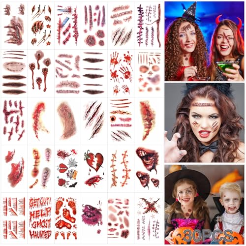 30 Blatt Halloween Narben,Halloween Wunden,Tattoo,Temporäre Scars Klebetattoos Zombie Blut für Kratzer Karneval Schminke,Gruselig Make up Requisiten Cosplay 30 Blatt Halloween Narben,Halloween Wunden,Tattoo,Temporäre Scars Klebetattoos Zombie Blut für Kratzer Karneval Schminke,Gruselig Make up Requisiten Cosplay von Bowasin