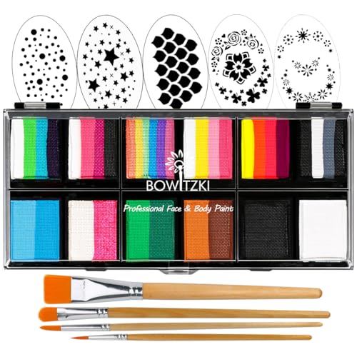 Bowitzki 12x10 gm Face Paint Professional Face Painting Kit For Kids Adults with Stencil One Stroke Split Cake Non Toxic Rainbow Flora Dolphin Unicorn Flame Body Paint Makeup - Carnival Set von Bowitzki
