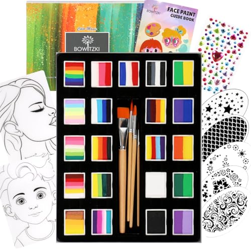Bowitzki 21 Color Split Cake Face Paint Set Professional Face Painting Kit Kids Adults 10g One Stroke Stencil Brush Practice Board Guide Book Non Toxic Rainbow Body Makeup Halloween Christmas Easter von Bowitzki