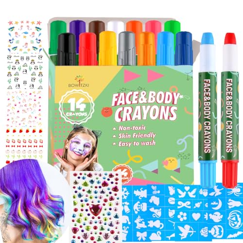 Bowitzki Face Paint Crayons for Kids 14 Colors Twistable Body Face Painting Kit Marker Sticks Makeup Crayons Hair Belly Painting Pregnancy for Adults with Stencils Nail Sticker Jewels von Bowitzki