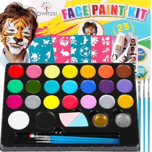 Bowitzki Gesichtsmalerie Kit für Kinder 23 Farben Wasser basierte Gesichtsmalerie Kit Nicht giftig Professionell mit Schablonen Pinsel für Partys Geburtstage Halloween Weihnachten Körper Make-up von Bowitzki