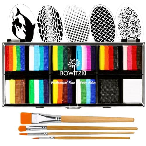 Bowitzki Professionelles Schminkset für Kinder und Erwachsene, 12 x 10 g, Schminkset mit Schablone, One Stroke Split Cake, ungiftig, Regenbogen, Flora, Delfin, Einhorn, Flamme, Körperbemalung, Make-up von Bowitzki