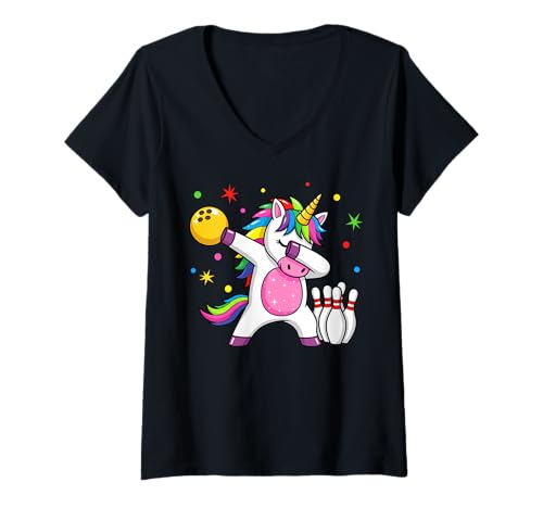 Damen Lustiges Einhorn hält Bowlingkugel T-Shirt mit V-Ausschnitt Damen Lustiges Einhorn hält Bowlingkugel T-Shirt mit V-Ausschnitt von Bowler's Bliss