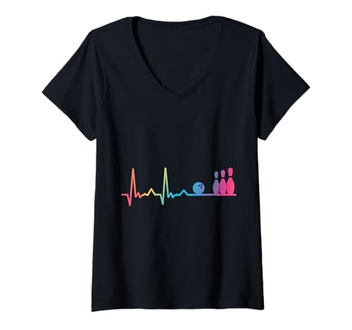 Damen Bowling Heartbeat Bunter Bowlingspieler T-Shirt mit V-Ausschnitt Damen Bowling Heartbeat Bunter Bowlingspieler T-Shirt mit V-Ausschnitt von Bowling Bowler Pin Ball Bowling Ball