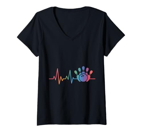 Damen Bowling Heartbeat Bunter Bowlingspieler T-Shirt mit V-Ausschnitt Damen Bowling Heartbeat Bunter Bowlingspieler T-Shirt mit V-Ausschnitt von Bowling Bowler Pin Ball Bowling Ball