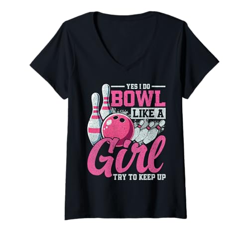 Damen Ja, ich bowle wie EIN Mädchen T-Shirt mit V-Ausschnitt Damen Ja, ich bowle wie EIN Mädchen T-Shirt mit V-Ausschnitt von Bowling Chic