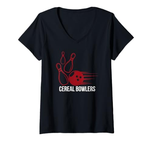 Damen CEREAL BOWLERS Shirt Bowling League Shirt Lustiges Bowling T-Shirt mit V-Ausschnitt von Bowling Designs By AKOKAY