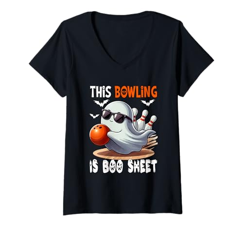 Damen Bowling Is Boo Sheet Halloween Costume Player Team Fan T-Shirt mit V-Ausschnitt Damen Bowling Is Boo Sheet Halloween Costume Player Team Fan T-Shirt mit V-Ausschnitt von Bowling Halloween Costume