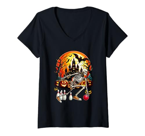 Damen Bowling Player Sports Lover Costume Halloween Skeleton T-Shirt mit V-Ausschnitt Damen Bowling Player Sports Lover Costume Halloween Skeleton T-Shirt mit V-Ausschnitt von Bowling Halloween Costume