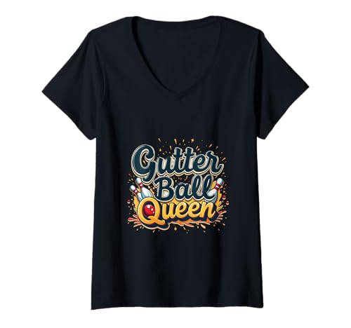 Damen Gutter Ball Queen Lustiger Bowling-Enthusiast T-Shirt mit V-Ausschnitt von Bowling Humor Gutter Strike Fun League