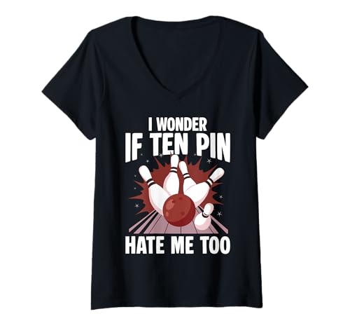 Damen I Wonder If Ten Pin Hate Me Too Bowling Ten Pin T-Shirt mit V-Ausschnitt Damen I Wonder If Ten Pin Hate Me Too Bowling Ten Pin T-Shirt mit V-Ausschnitt von Bowling Kegeln Ten Pin Design Idee