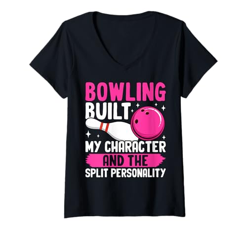 Damen Lustiger Retro Bowling-Liebhaber Kingpin T-Shirt mit V-Ausschnitt von Bowling Kingpin Club